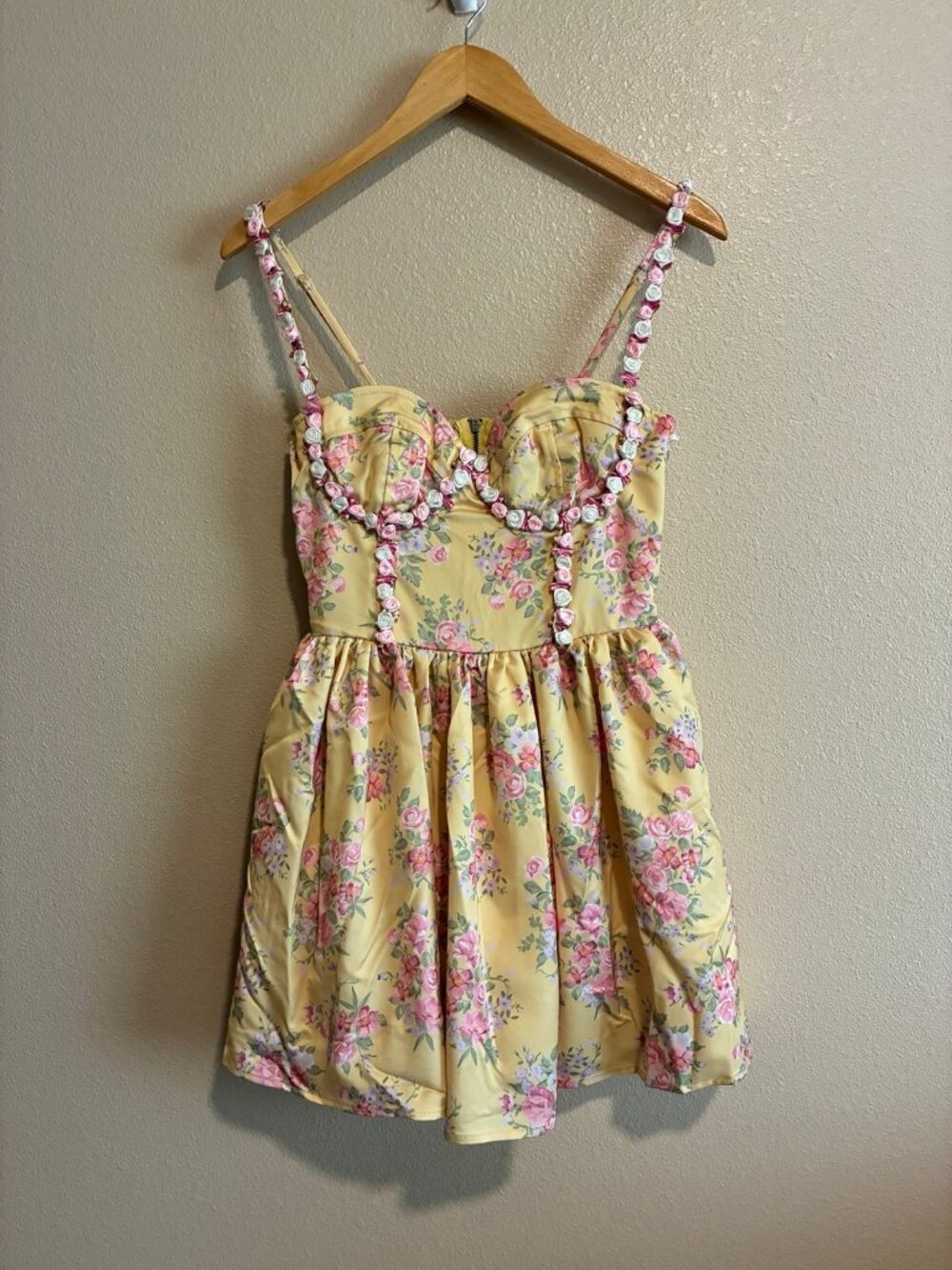 Sugar Thrillz Woman Princess Party Yellow and Pink Mini Dress with Flowers Small